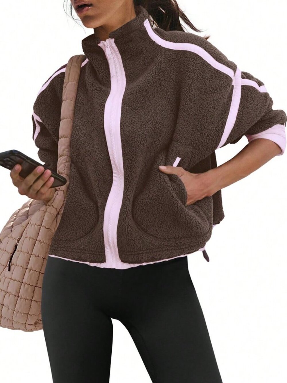 Brown Elegant Women's Coat with Stand Collar - Picture 3 of 5